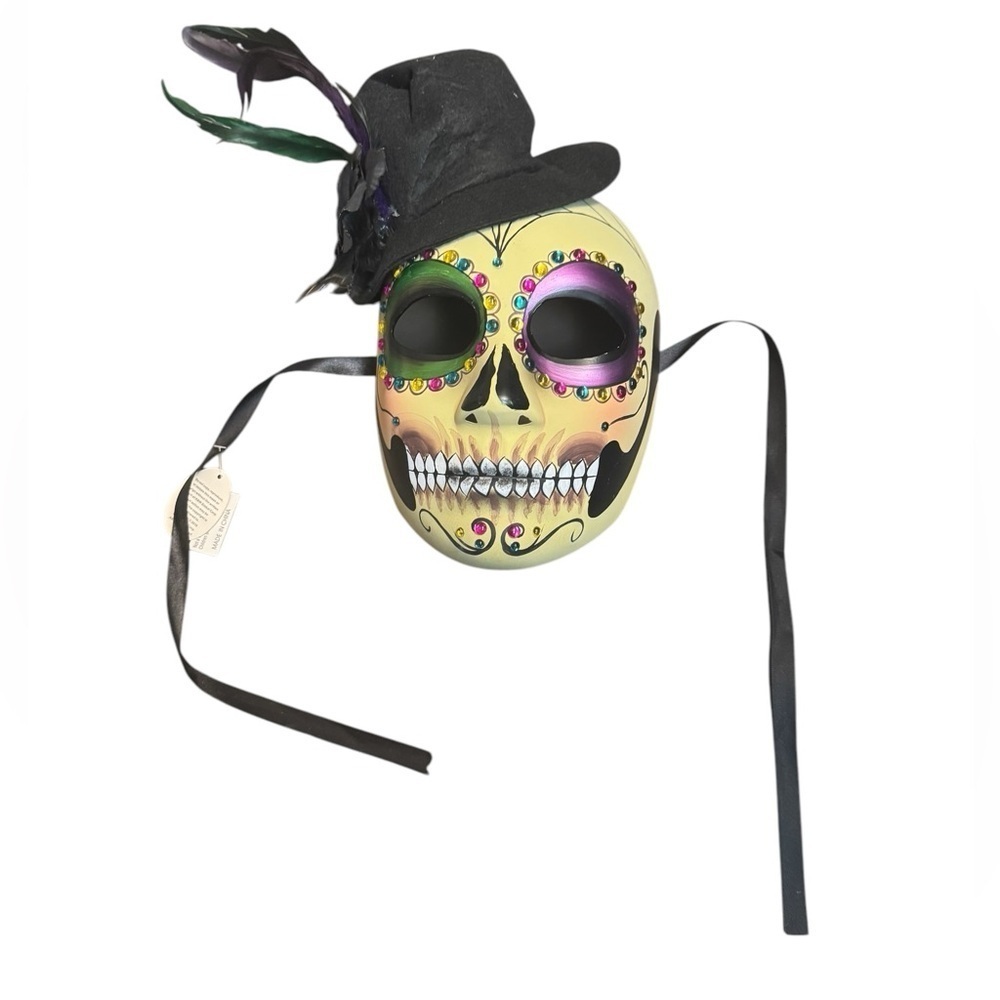 MARDI GRAS Day of the Dead Full Face Mask Top Hat Colorful Tie Back Adult - Picture 4 of 9